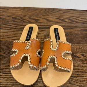 Seven7 Tan Sandals with H-Design and Pearl Accents
